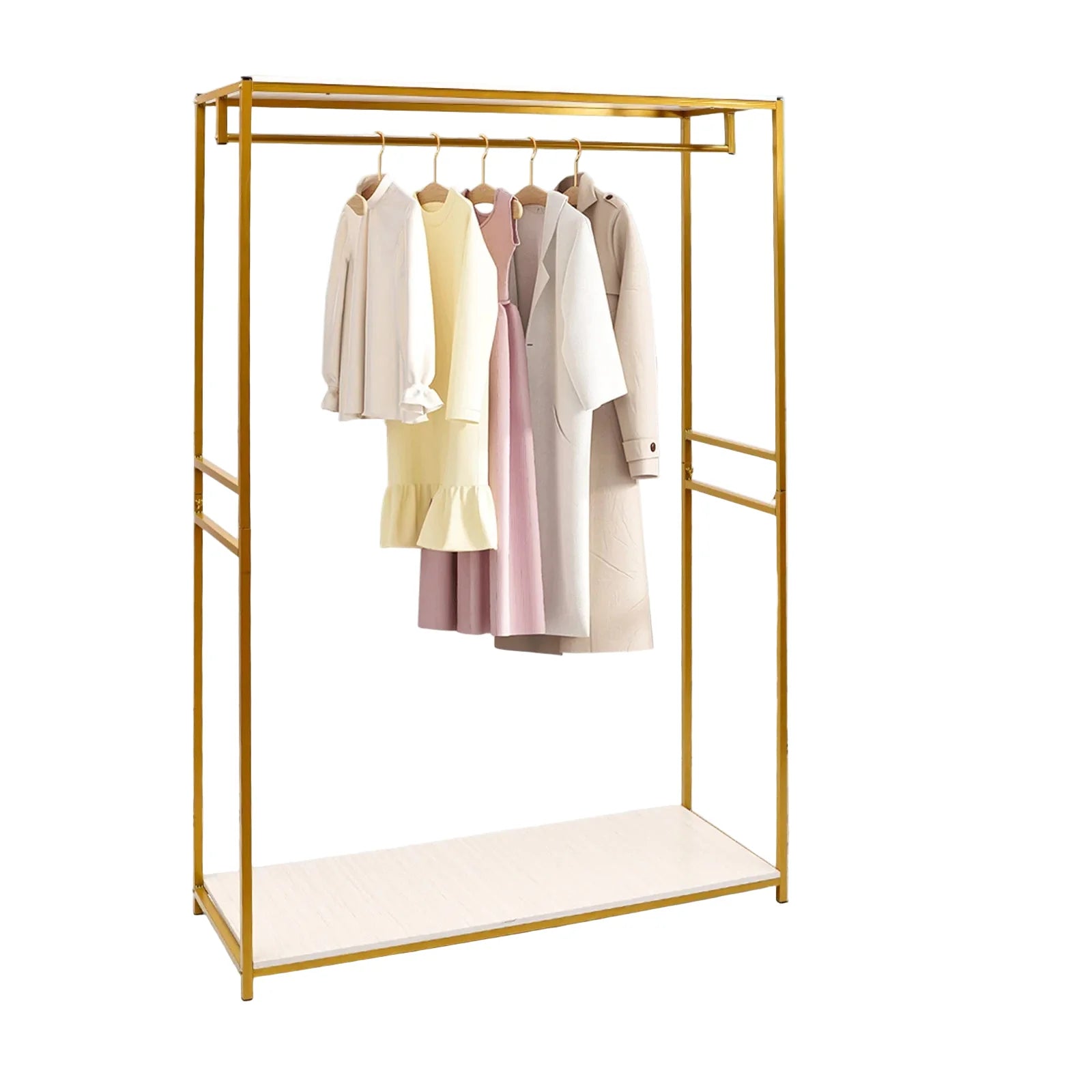 Hoher goldener Kleiderständer mit Holzregalen – Stabiler Kleiderständer für Boutiquen, Hochzeitskleider und Schlafzimmer