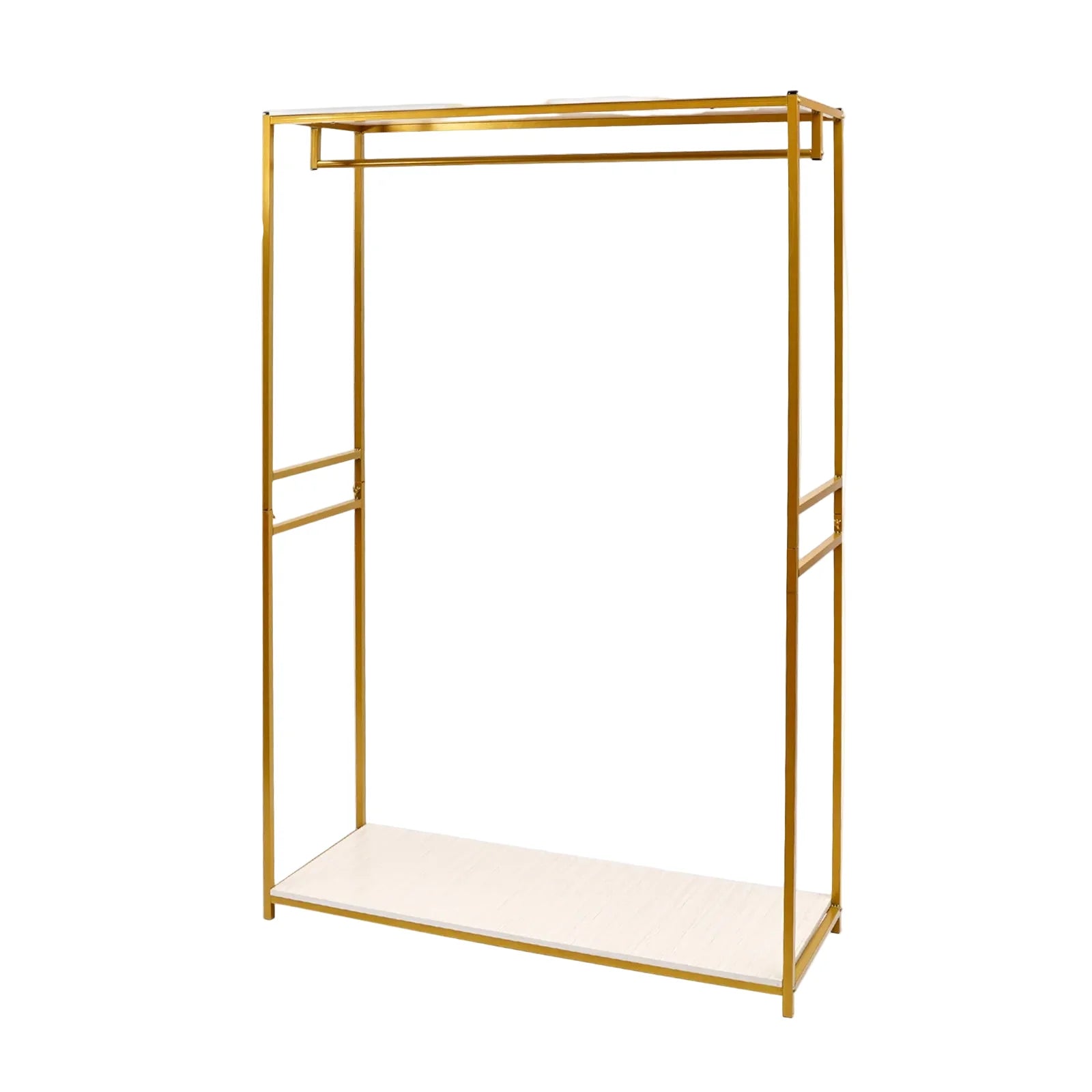 Hoher goldener Kleiderständer mit Holzregalen – Stabiler Kleiderständer für Boutiquen, Hochzeitskleider und Schlafzimmer